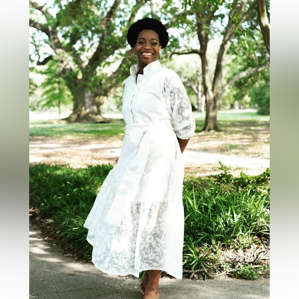 Sue Sartor White Cotton Voile Floral Midi Long Sleeve Dress